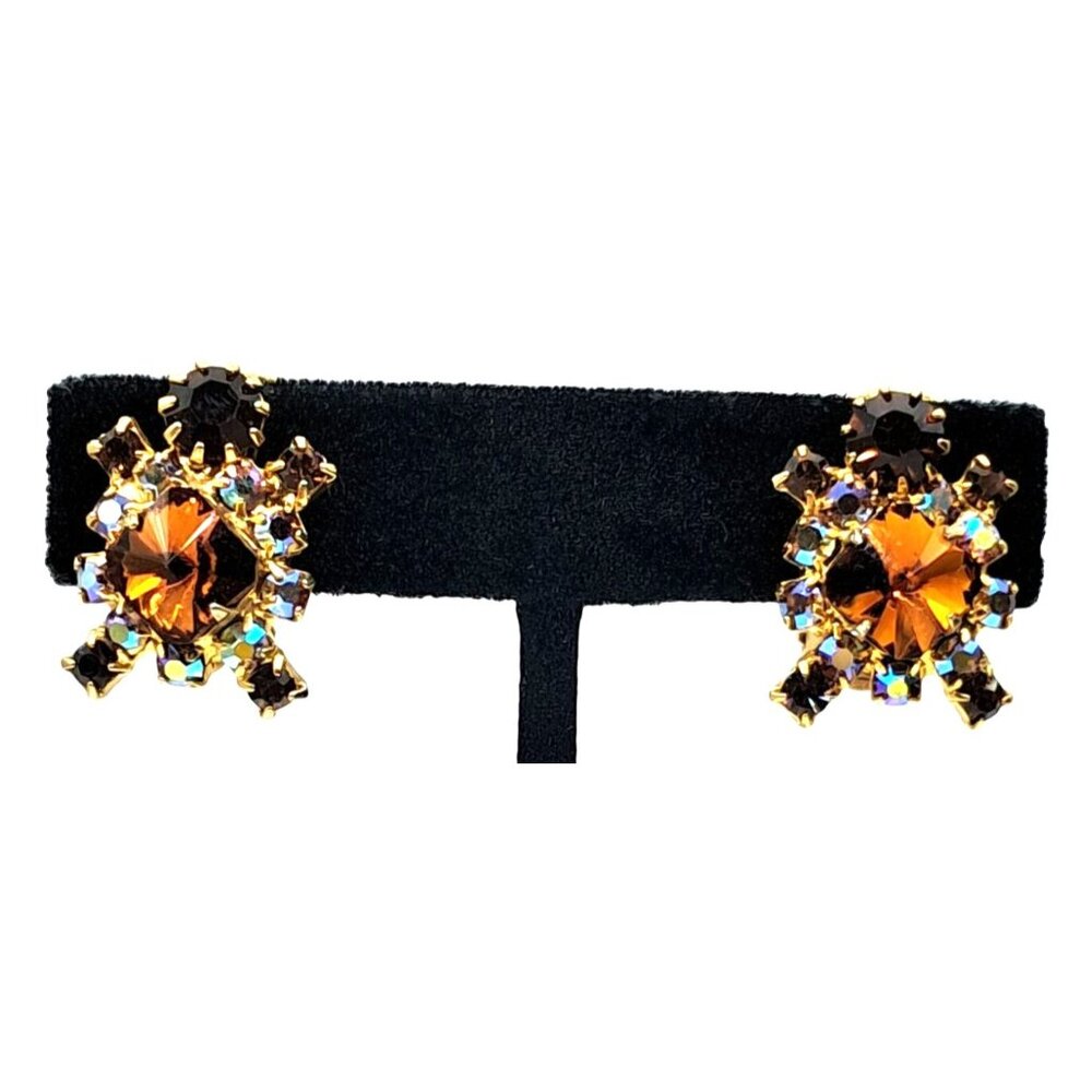 Vintage Rivoli Rhinestone Earrings Aurora Borealis Brown Clip Ons Costume Jewelr - Picture 2 of 11
